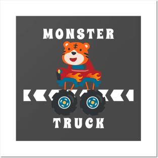 Vector illustration of monster truck with animal driver. Posters and Art